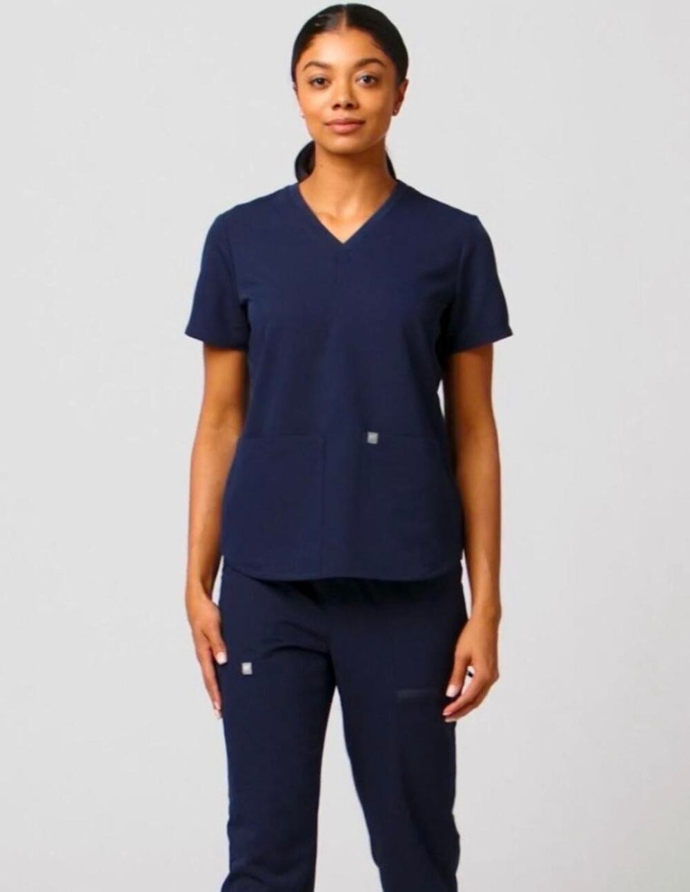 Fabletics Navy Scrub Set jogger bottoms size L and two pocket v neck top size M
